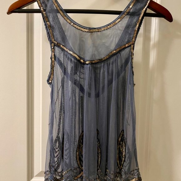 FREE PEOPLE Blue-Gray Sheer Beaded Tank - Picture 3 of 8